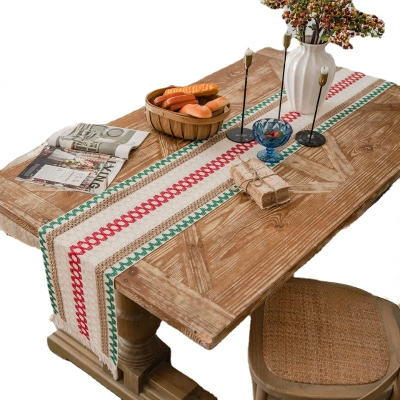 

High Quality Vintage Art Cotton Linen Table Runner with Tassel Two-tone Braid Exquisite Family Restaurant Tablecloth Gift