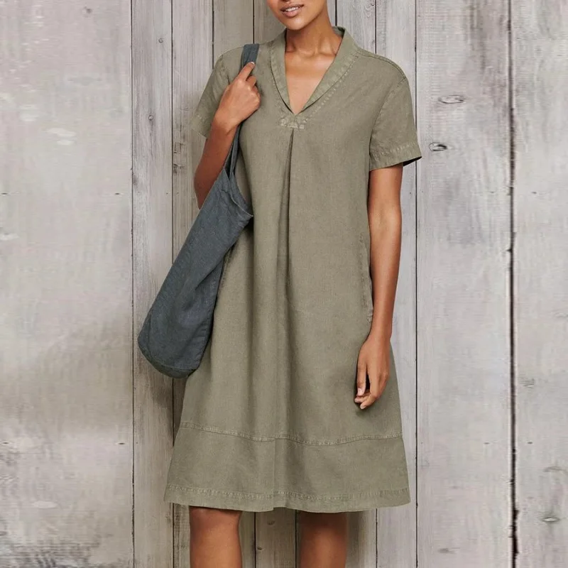 

Women Summer Linen Loose Dress Fashion Casual Short Sleeve V Neck Solid Color A-line Dress Streetwear Y2K Clothes