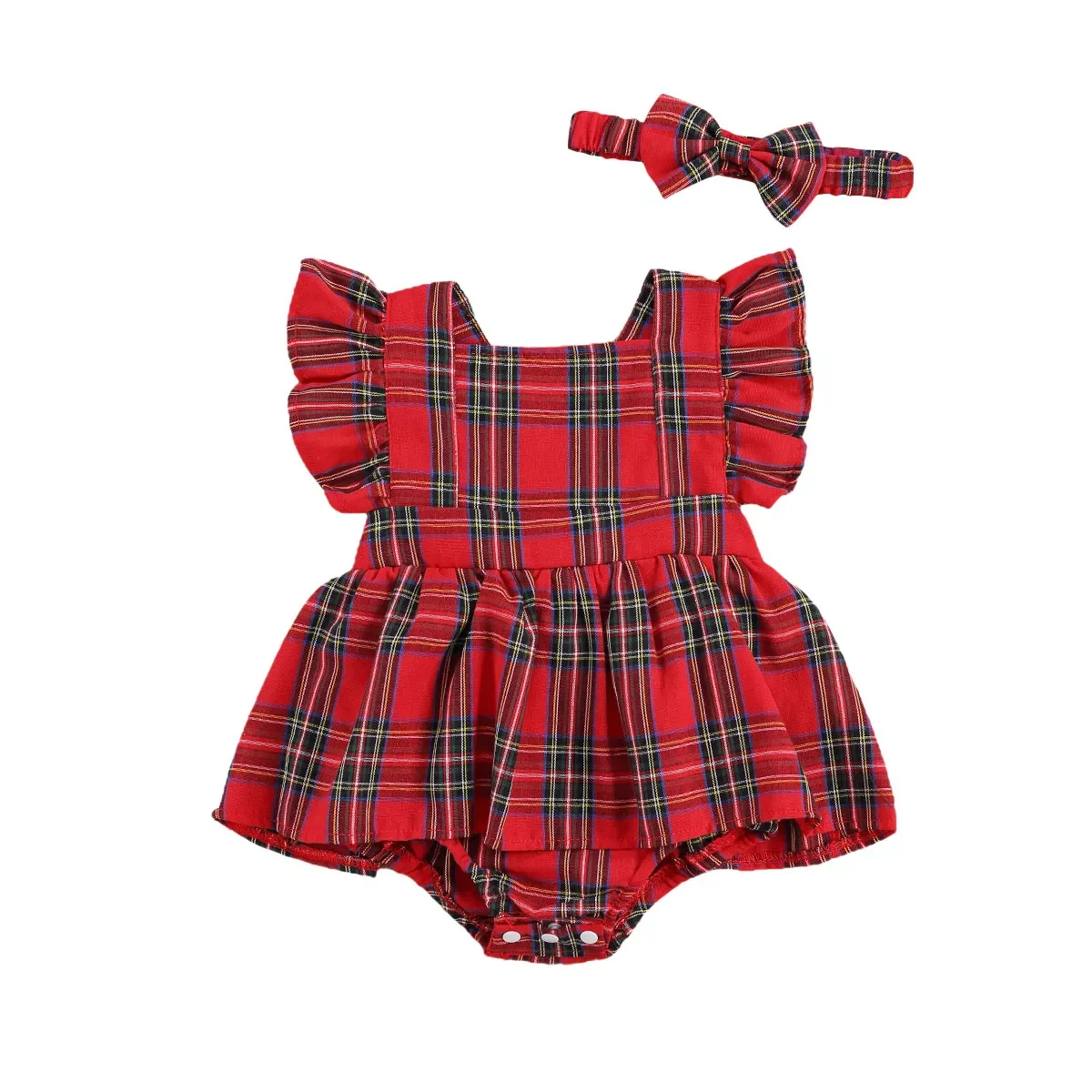 

Baby Girl Sleeveless Ruffled Bodysuit Plaid Sleeve Jumpsuit Bow Headband Outfit Set Age for 0-24 Months
