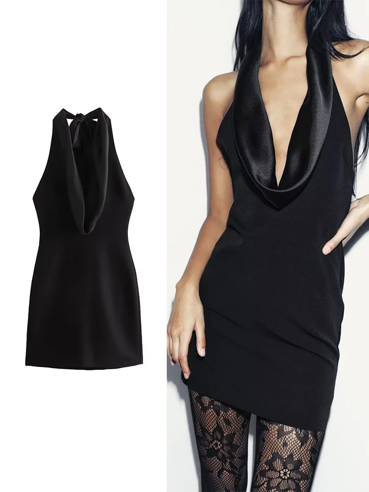 

TRAF Sexy Women Patchwork Mini Dress 2023 Fashion Sexy Halter Collar Backless Dress Female Solid Sleeveless Party Dresses