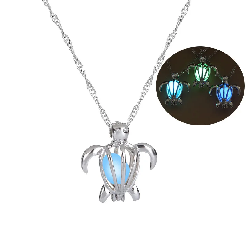 

3 Colors Luminous Turtle Glow In The Dark Necklaces women Hollow animal tortoise cage pendant Silver color chain For Fashion Jew