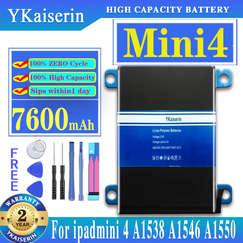 

YKaiserin 7600mAh Battery For Apple iPad Mini 4 Mini4 A1538 A1546 A1550 High Capacity Bateria + Free Tools