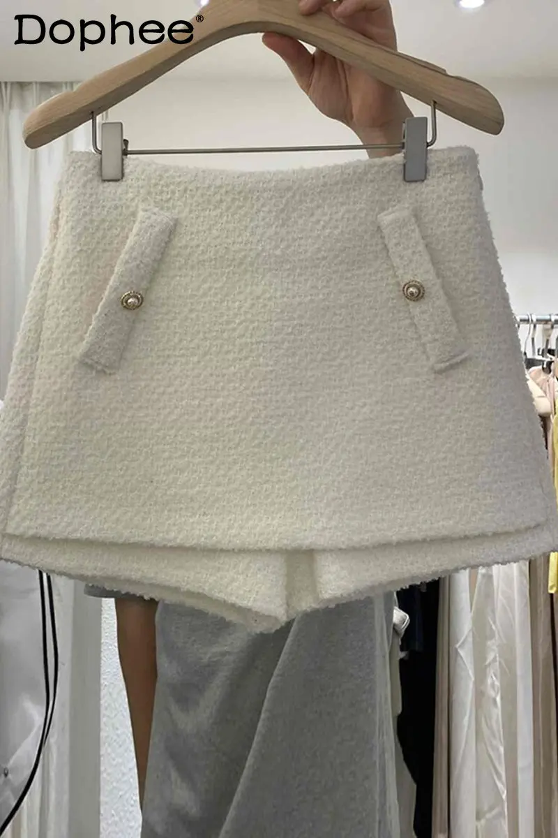 

Korean Fashion 2022 Autumn Winter New Woolen Skirt Elegance Retro Slimming High Waist A- Line Casual Shorts Culottes Mini Skirt