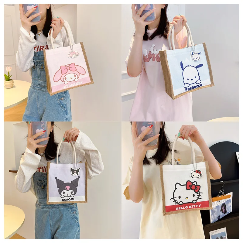 Мультяшная Sanrioed My Melody Hellokittys Kuromi Милая плетеная льняная Портативная сумка Kawaii большая емкость для хранения бэнто сумка подарок для девочки