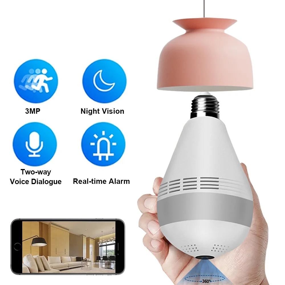 

3MP 360 Degree Light Bulb Camera Two-Ways Audio Wireless Panoramic IP Camera Home Security Protection Bulb Camera 360 2022 E27