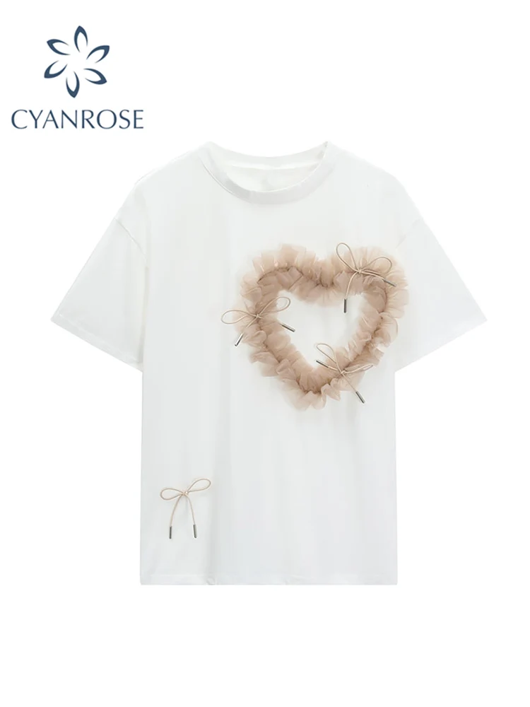 

Women White Tee Shirt Y2k Girl Cute Bow Mesh Patchwork 2022 Summer Streetwear Short Sleeve Polo-neck Female Kawaii Black T Shirt