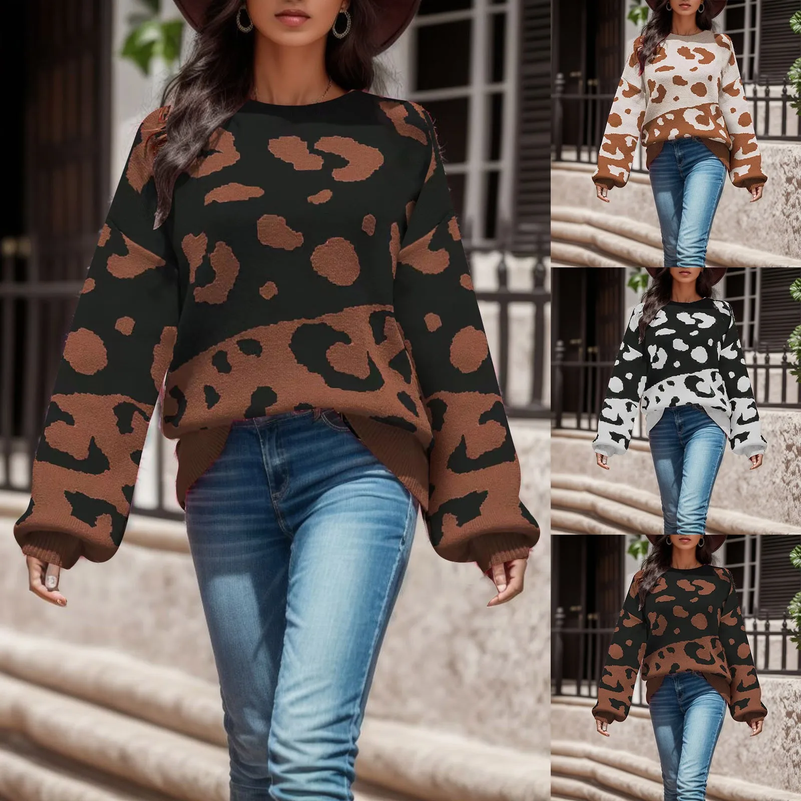 

Women's Sweaters Ladies Casual Fashion Long Sleeved Leopard Print Crew Neck Long Sleeved Thermal Pullover Sweater