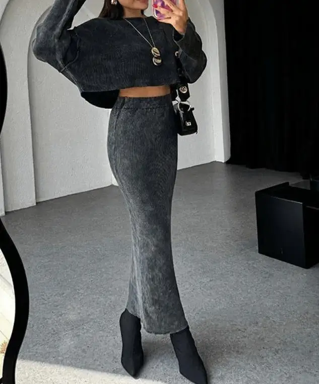 Женская Осенняя одежда модный топ с коротким рукавом и юбка высокой талией