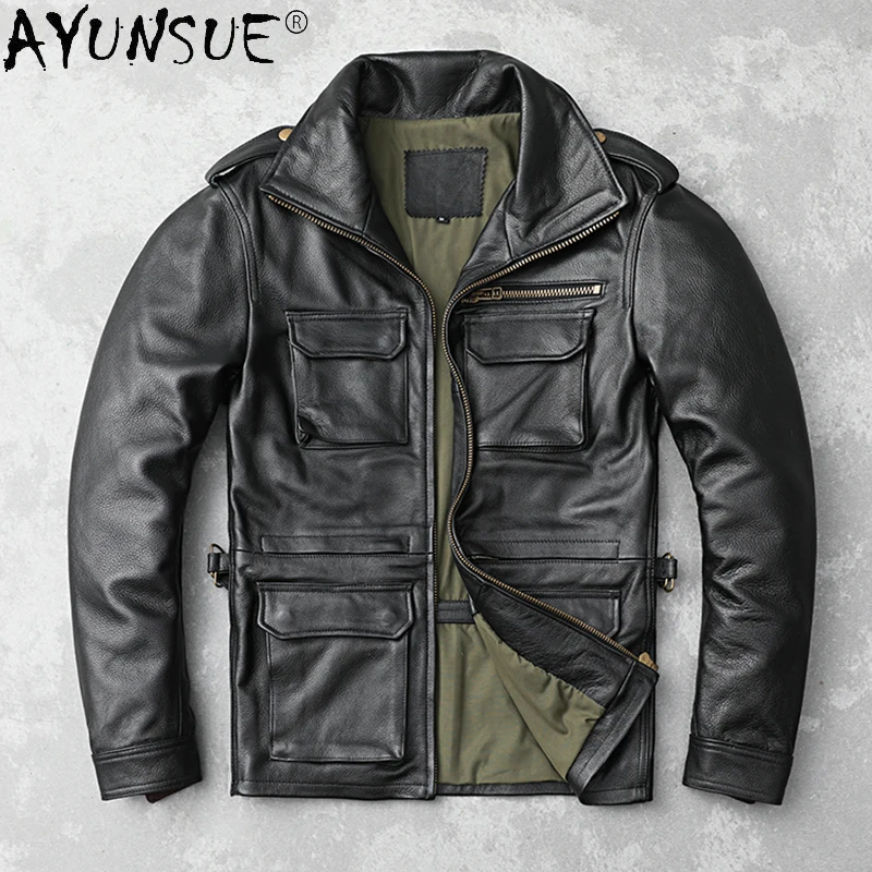 

AYUNSUE Men's Genuine Cowhide Leather Jacket Autumn and Winter Short Casual Leather Coats Plus Size Blouson Cuir Homme SQQ768