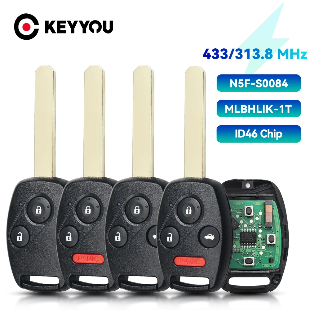 

KEYYOU 2/3/4 Buttons id46 Chip Car Remote Key for Honda Accord Element Pilot CR-V HR-V Fit City Jazz Odyssey Fleed 313/433MHz