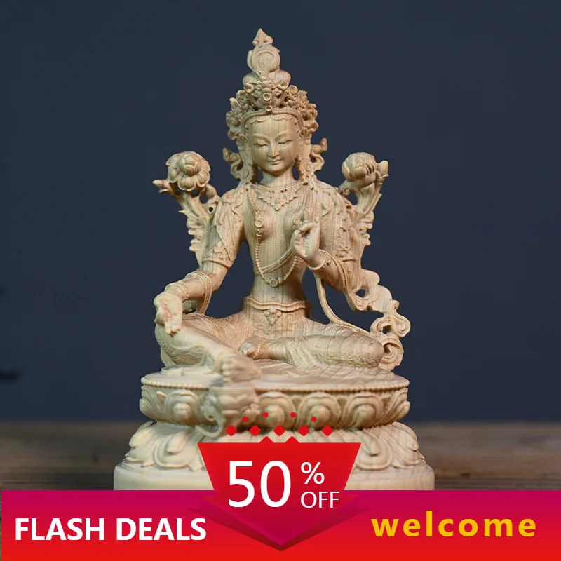 

Tibetan Buddhism Boxwood Carving Green Tara Buddha Statue Tibet Tantric Buddha Bodhisattva Wood Carving Statue Wooden Handicraft