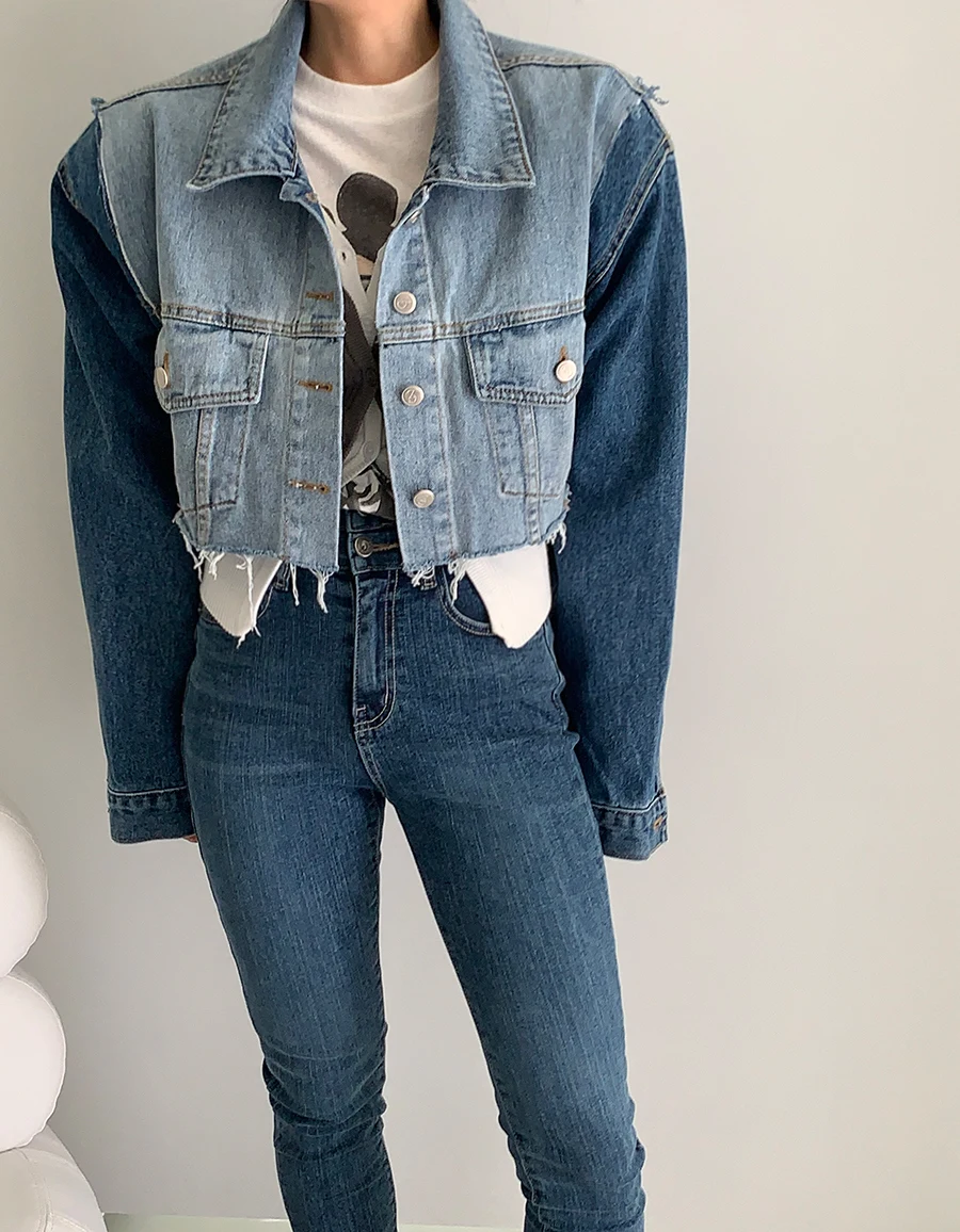 

SuperAen Korean Lapels Casual Single-breasted Panels Long Sleeves Raw Denim Short Jacket Women