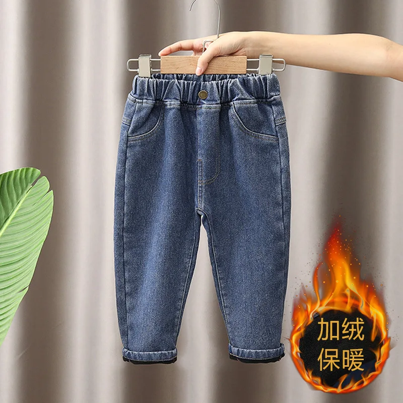 

2022 New Baby Boys Autumn winterr Jeans Children Thick Plus Velvet Cartoon Denim Pants Kids Soft Cotton Warm Trousers1-6Y