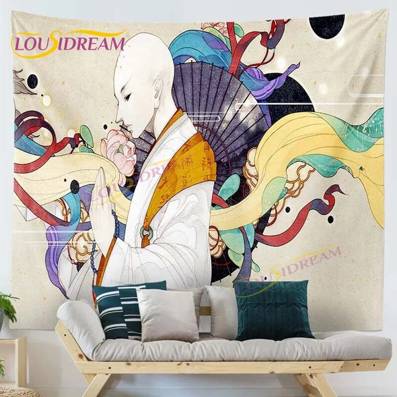 Japanese-style Cartoon Ukiyo Printed Hanging Tapestry Samurai Pattern Black Cat Wall Kanagawa Waves |
