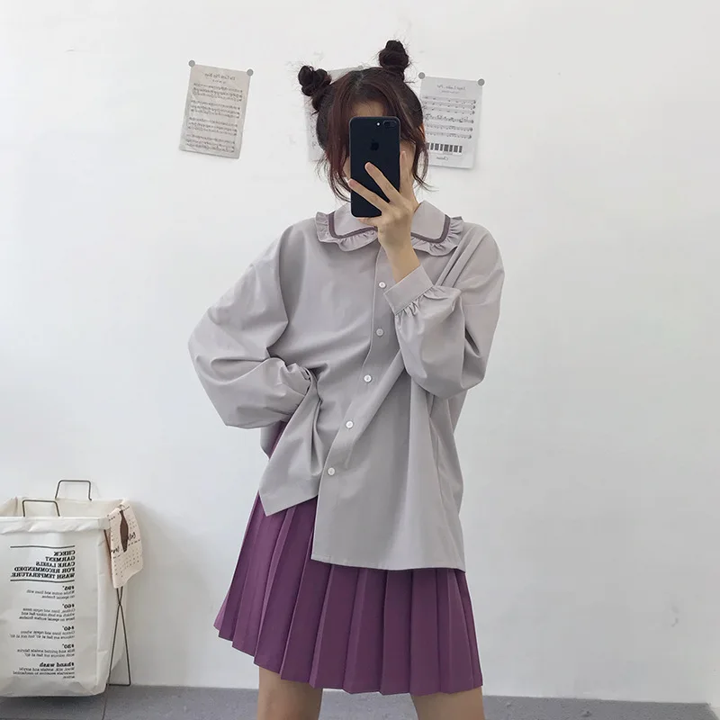 

2022 New Style Japanese Shirt Tops Doll Collar Hit Color Long-sleeved Shirt Drape Girl Shirt Womens Shirts Fashion