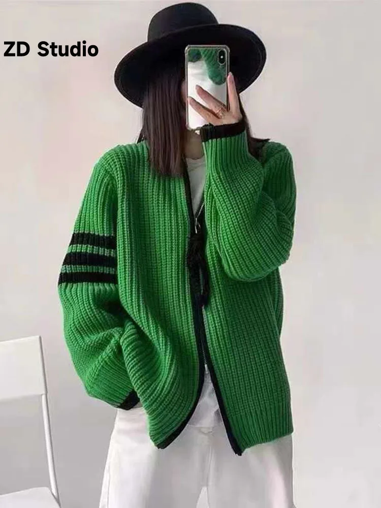 

[ZD Studio] 2023 Autumn New Women's Contrast Stripe Panel Zipper Loose Cardigan Knit