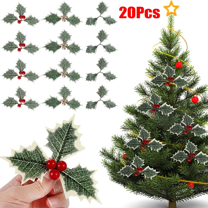 

Искусственные маленькие красные фруктовые листья, рождественские ягоды Падуба, золотые, красные вишни, украшения для рождественской елки, 20 шт.