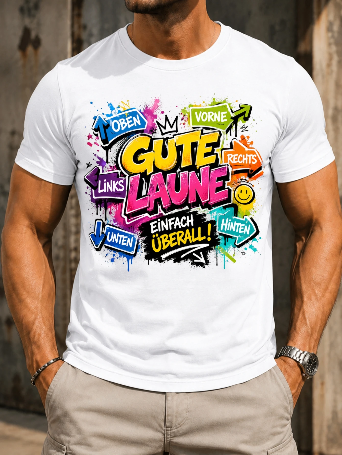 Фото Футболка унисекс Gute Laune Einfach Uberall Paint Splash с яркими граффити-стрелками SM I LEY и красочным немецким дизайном №1