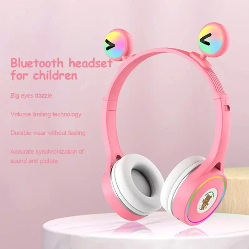 Светодиодные наушники Cute Eyes para crianças infantil cabeça montada luminosa sem fio RGB Blue-tooth V5.1 fones de ouvido