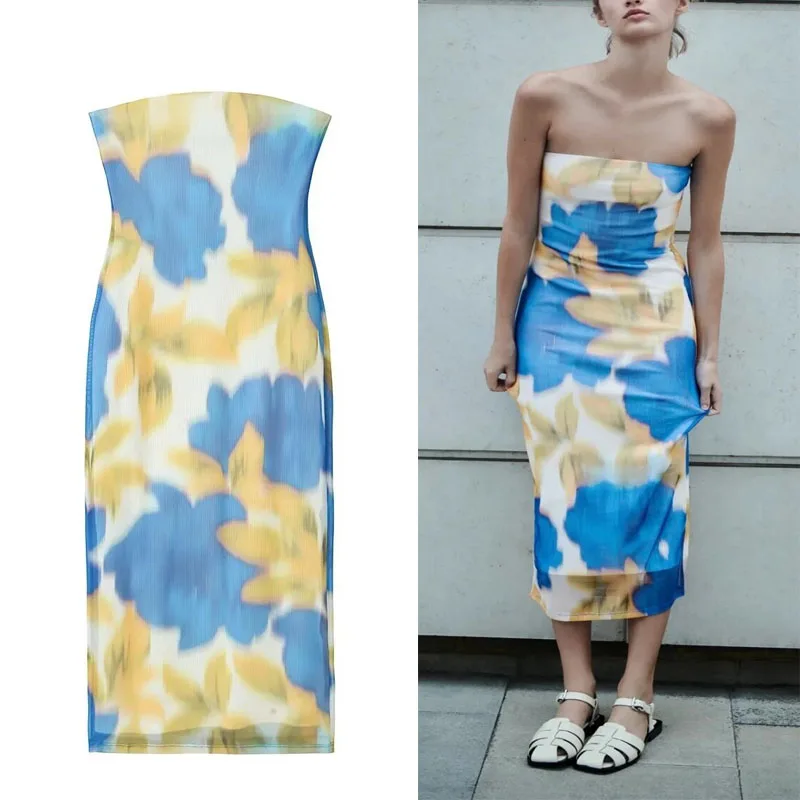 

TRAF Women Off Shoulder Tulle Midi Dresses Vintage Straight Neckline Long Dresses Sleeveless Party Dress Summer Dress Vestidos