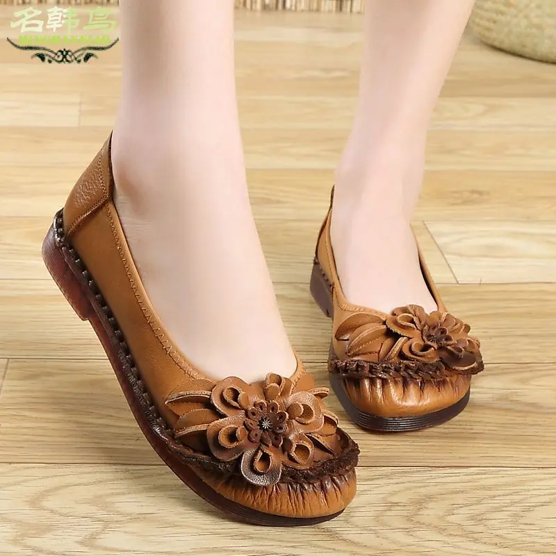 Yellow Flats Female Autumn Fashion Arrival Size 41 Mother Comfort Shoes Women's Genuine Leather Flats Ladies Loafers