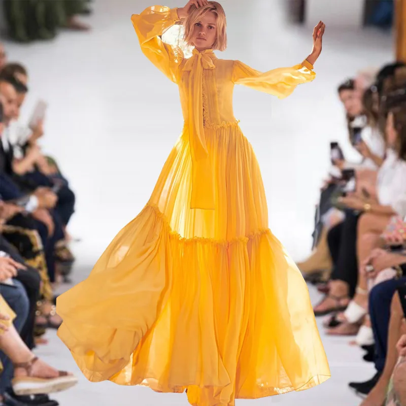 

Boho Summer Clothes for Women 2022 Vacation Bohemian Long Sleeve Maxi Dress Elegant Yellow Chiffon Dress Femme