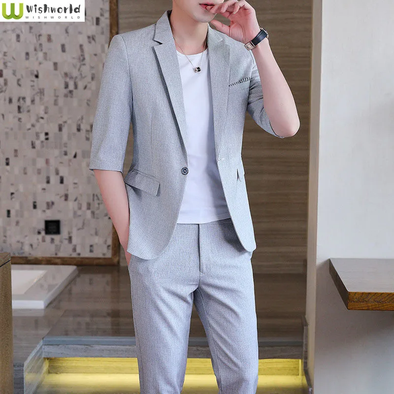 2022 New Korean Spring and Summer Men's Medium Sleeve Suit + Fashionable Casual Solid Color Suit Three Piece Men's Pants Set