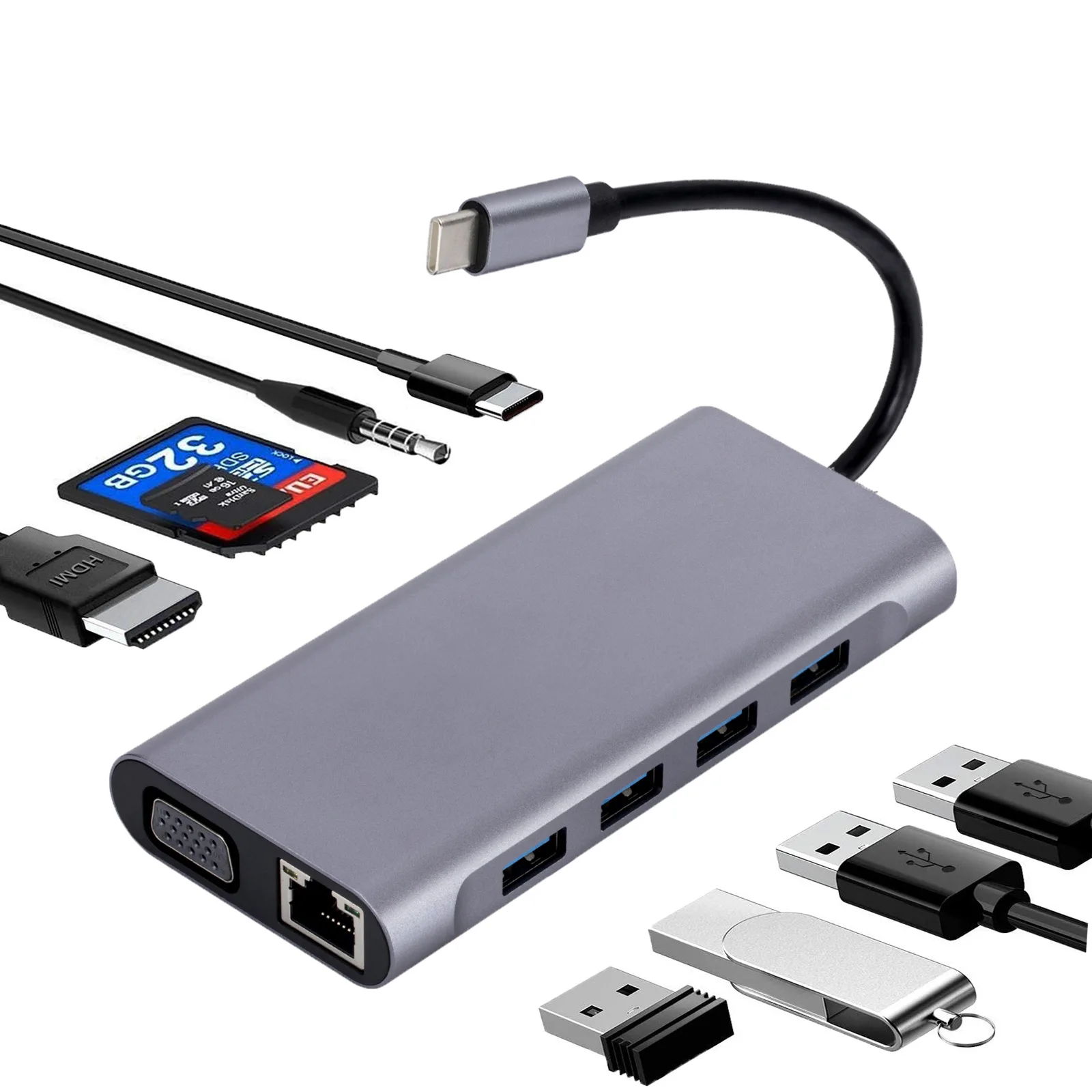 

Адаптер-концентратор USB Type-c на HDMI/VGA/PD RJ45 100-Megabit 11 в 1