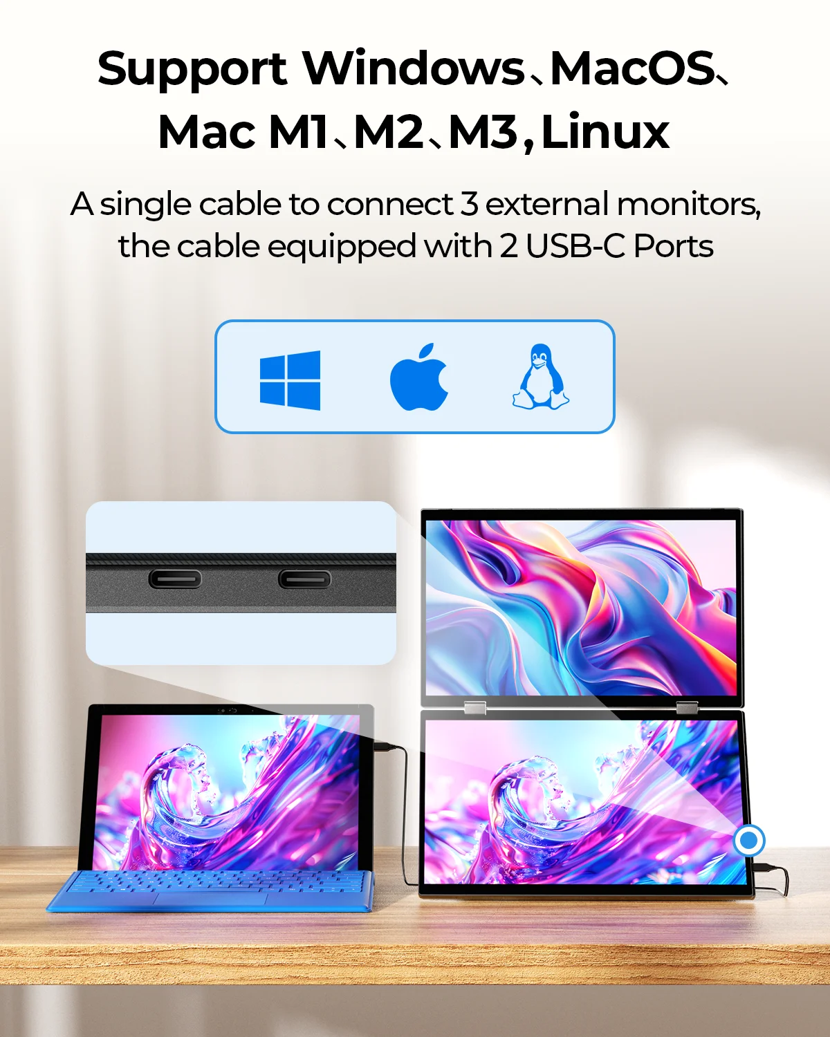 Фото Монитор с тройным экраном, портативный двойной 15,6-дюймовый 1080P FHD IPS сенсорный ЖК-мониторы 360° °   Поворотный монитор для ноутбука USB-C №5