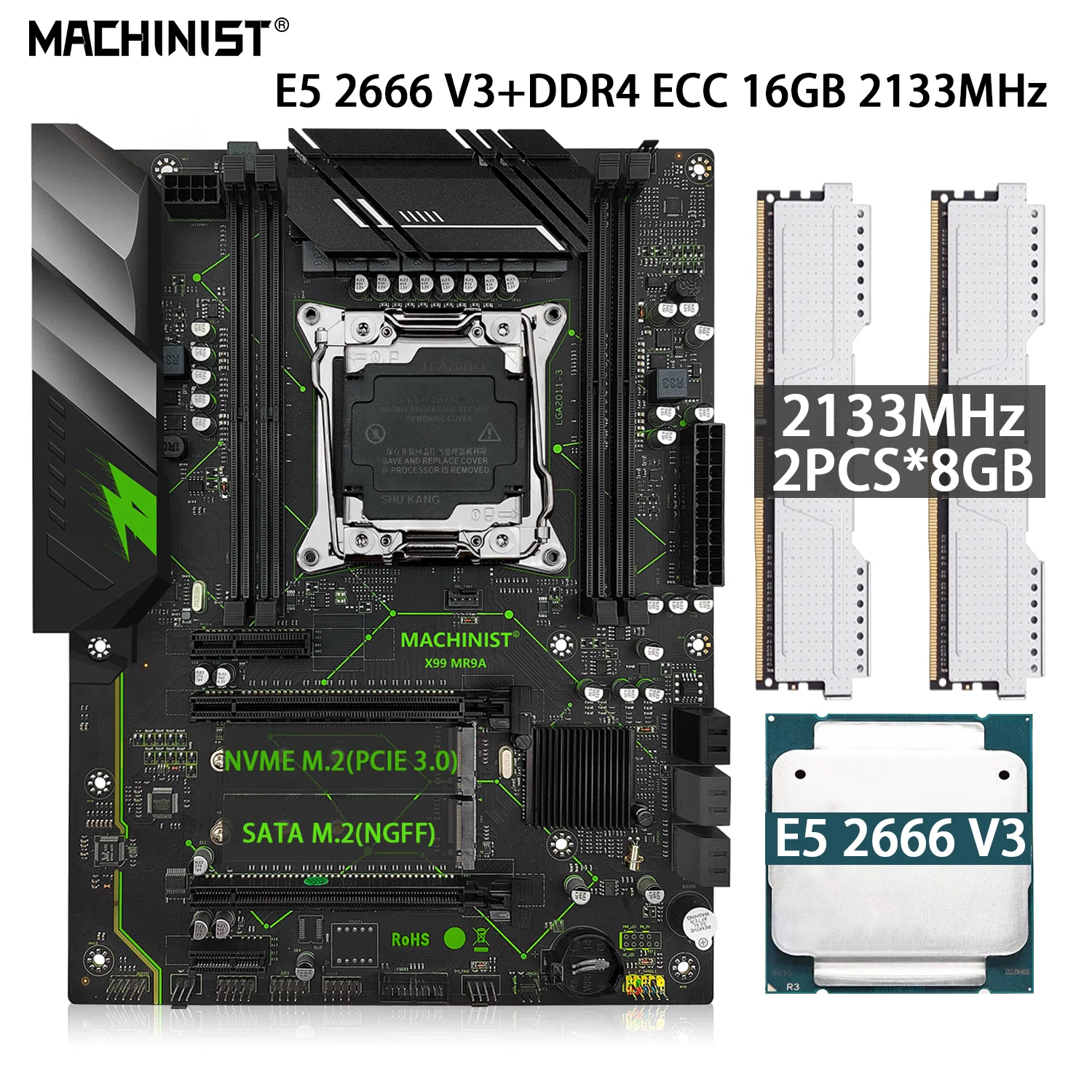 MACHINIST X99 Kit Motherboard LGA 2011-3 Set With Xeon E5 2666 V3 Processor CPU 16G=2*8G DDR4 ECC RAM Four-channel SATA M.2 MR9A