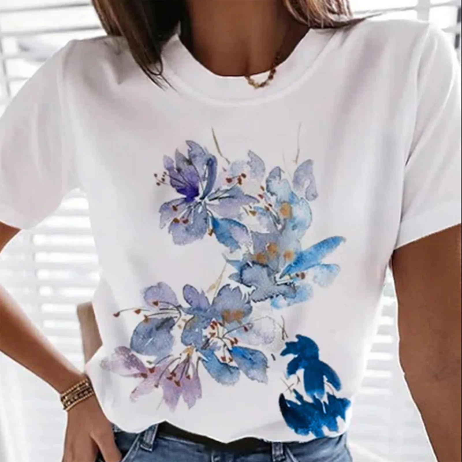 

Women Summer T Shirt Top Casual O Neck Floral Print Short Sleeve T-shirt Aesthetic Pullovers Harajuku T-shirt Female Tops Tees