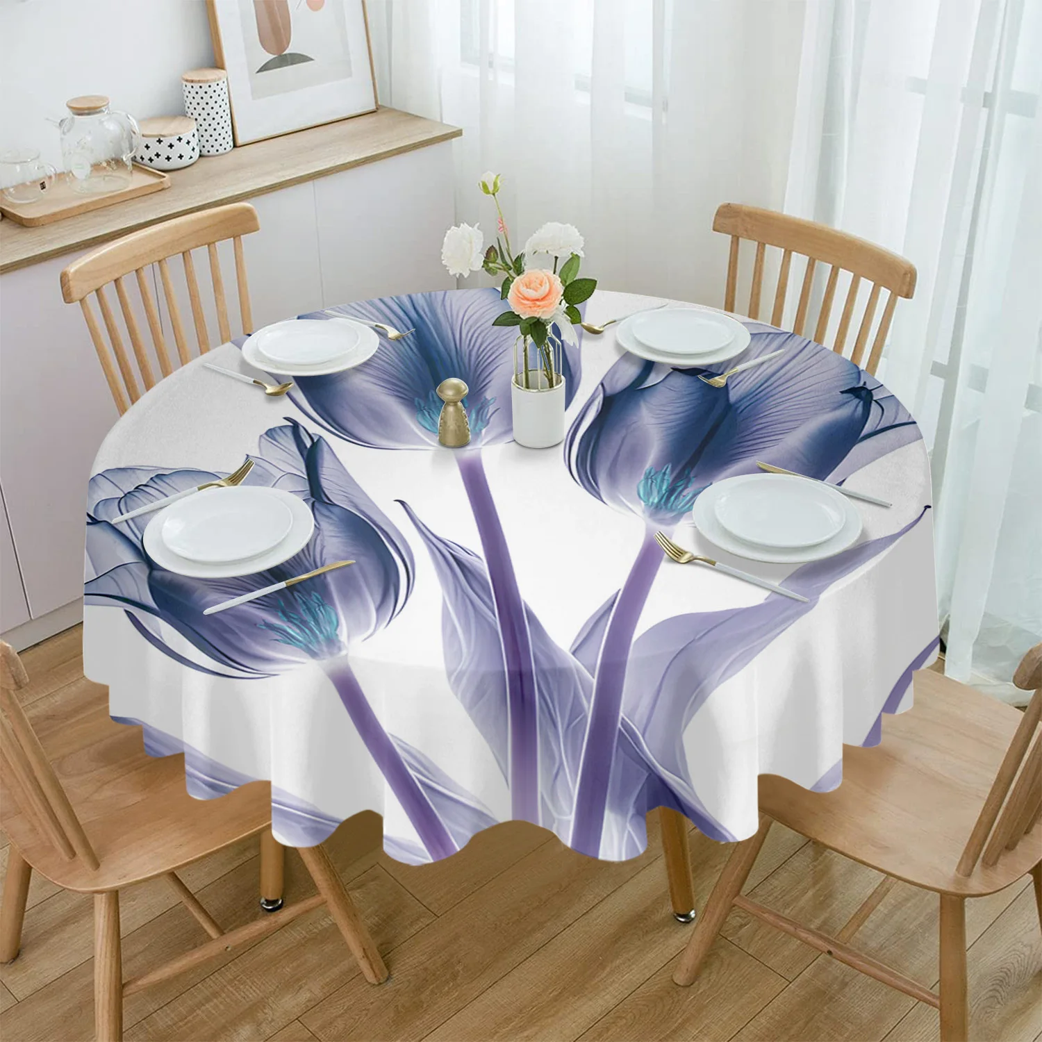 

Flower Tulip Transparent Abstract Round Tablecloth Party Kitchen Dinner Table Cover Holiday Decor Waterproof Tablecloths