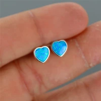 boho female small heart stud earrings fashion blue white pink opal wedding earrings real 925 sterling silver earrings for women
