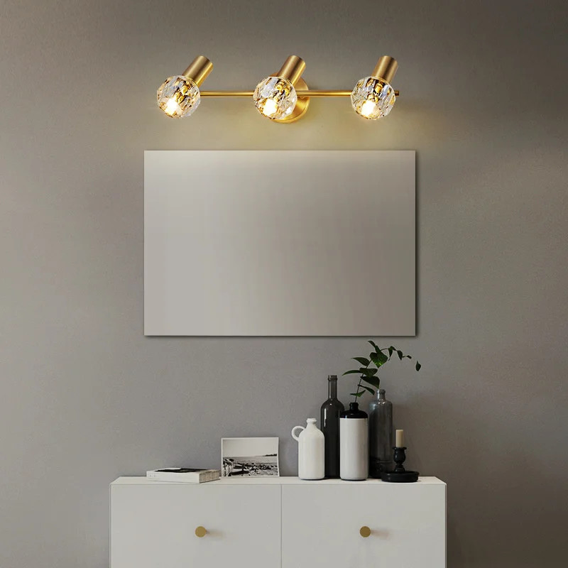 

Modern Brass Wall Lamps Luxury 2/3 Heads K9 Crystal Light Fixture AC90-260V Nordic Creative Bedroom Bathroom Mirror Light Post