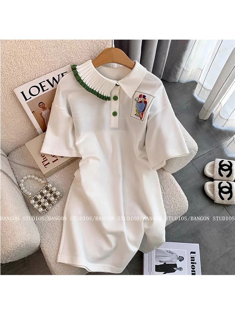 

Cozy White Shirt Dress Women Simple Embroidere Polo Neck Loose Casual Short Sleeve Knee-length Daily High Quality Knitte Sweater