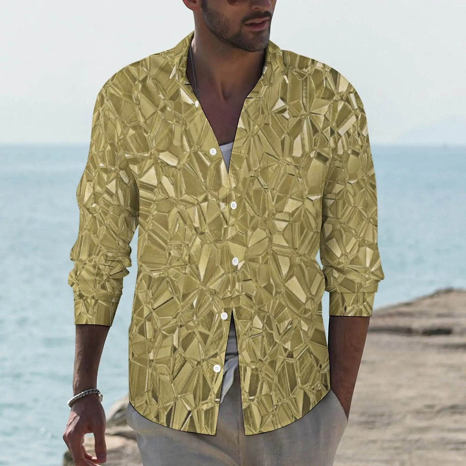 

Gold Faux Metallic Shirt Men Shiny Metal Gemstone Print Casual Shirts Aesthetic Design Long Sleeve Trending Oversized Blouses