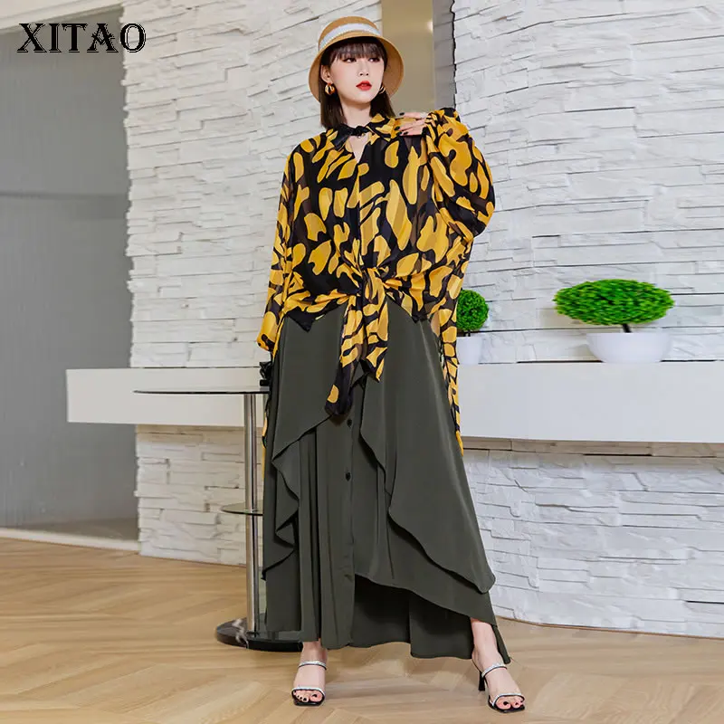 

XITAO/Модный комплект с платьем с леопардовым принтом; Асимметричная шифоновая юбка-трапеция в стиле пэчворк; Рубашка; Топ; Костюм из двух пред...