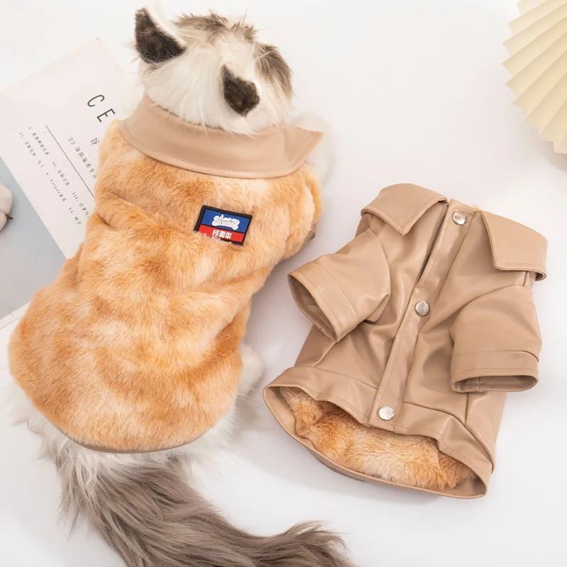 

Dog Winter Clothes Khaki PU Coat for Small Dogs Cats Soft Warm Fur Inside Teddy Chihuahua Jacket Outfits