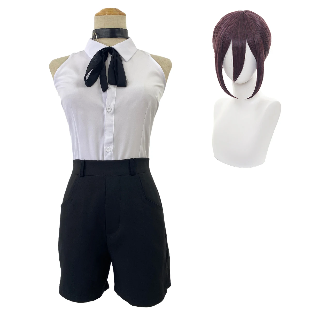 

Anime Chainsaw Man Cosplay Costume Reze White Shirt Black Short Uniform Wig Choker Tie Set Halloween Christmas Party Gift