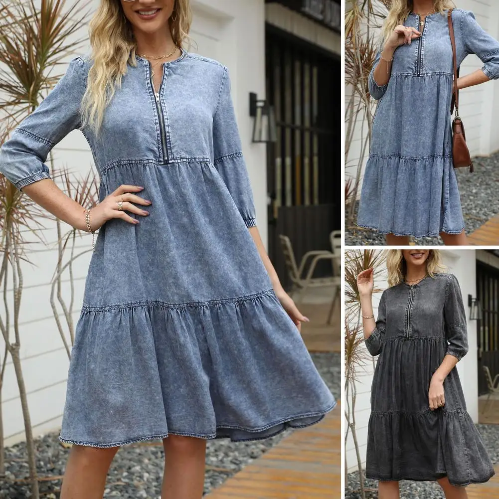 

Stylish Distressed Denim Dress Anti-pilling Women Dress 3/4 Sleeve Ruffle Stitching Hem Knee-Length Dress Dressing Up