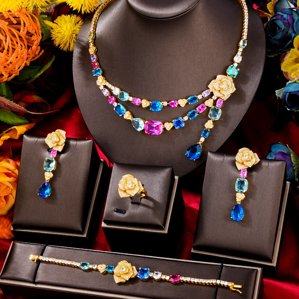 

Kellybola Original Romantic Necklace Bracelet Rings Earrings Set Luxury Romantic Blooming Flowers for Bridal Wedding Jewelry Set