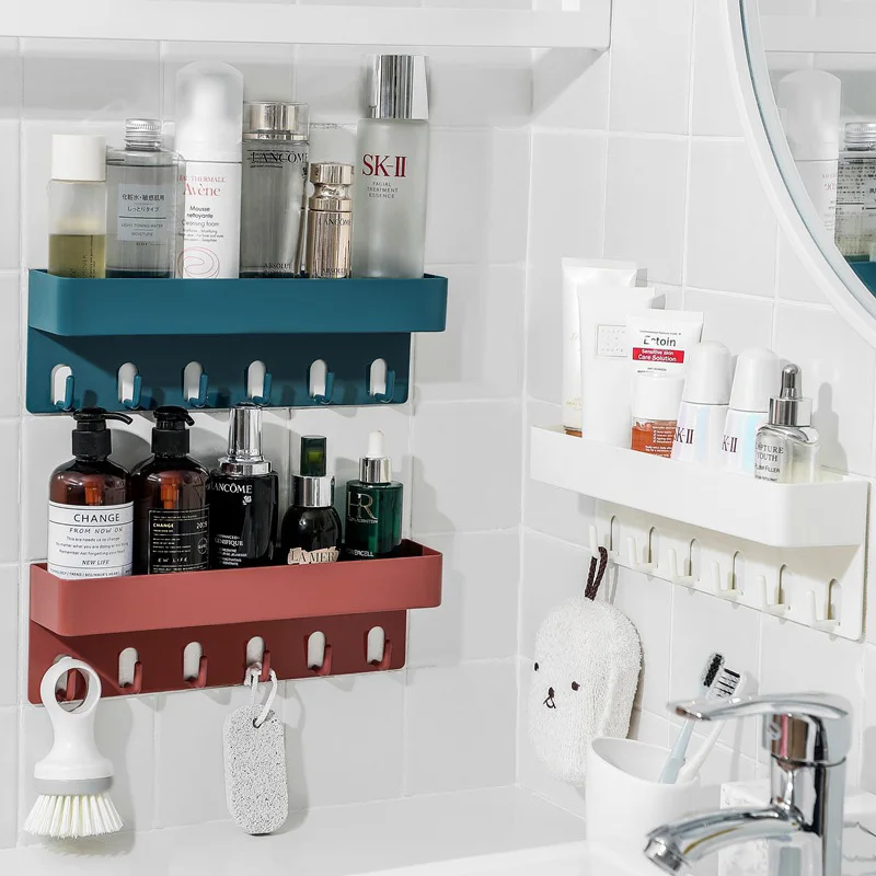 

Bathroom Shelf Wall Mounted Self-Adhesive Storage Rack with Hooks Multifunction Punch-Free Waterproof Bathroom Toiletries Shelf