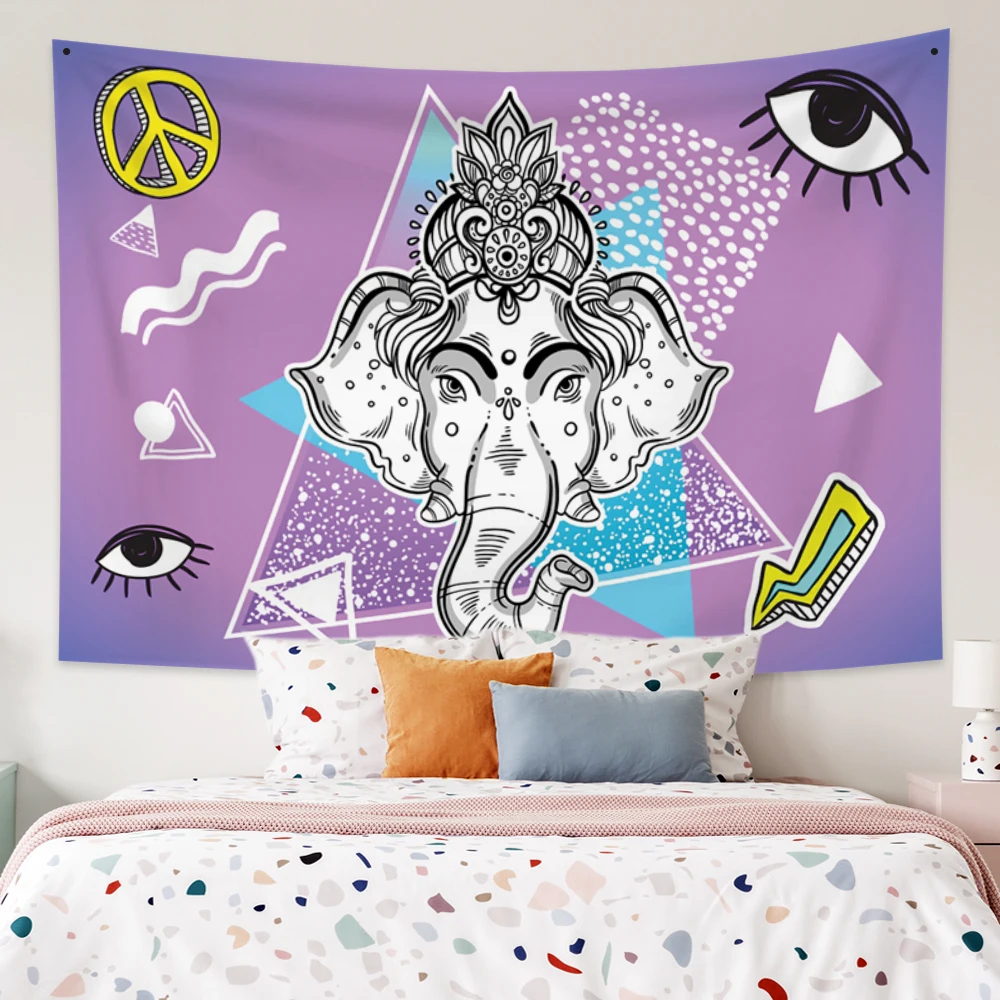 

Psychedelic India Elephant Tapestry Bohemia Hippie Trippy Wall Hanging Evil Eye Living Room Decor Table Cover Yoga Bed Sheet Met