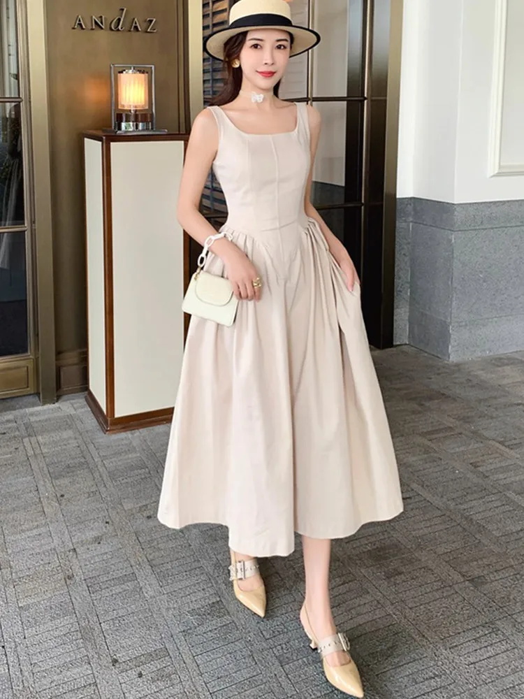 

SMTHMA New Fashion Vintage Elegant Sexy Strap Summer Party Dresses For Women Chic Midi Solid Pleated Dress Vestidos