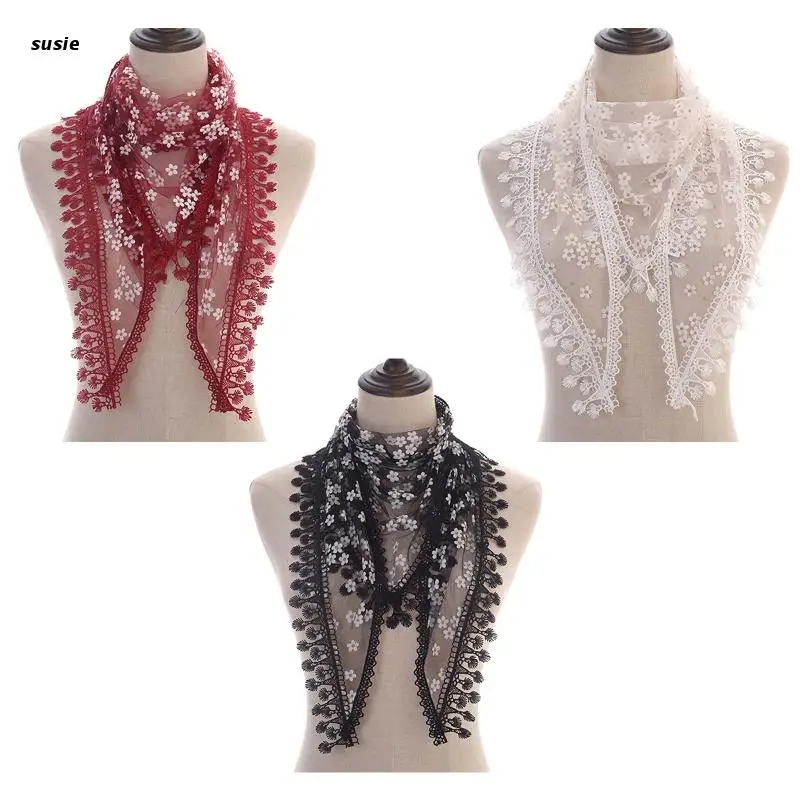 

X7YA Floral Print Scarf Lace Triangle Scarf With Fringe Headcovering Scarf Summer