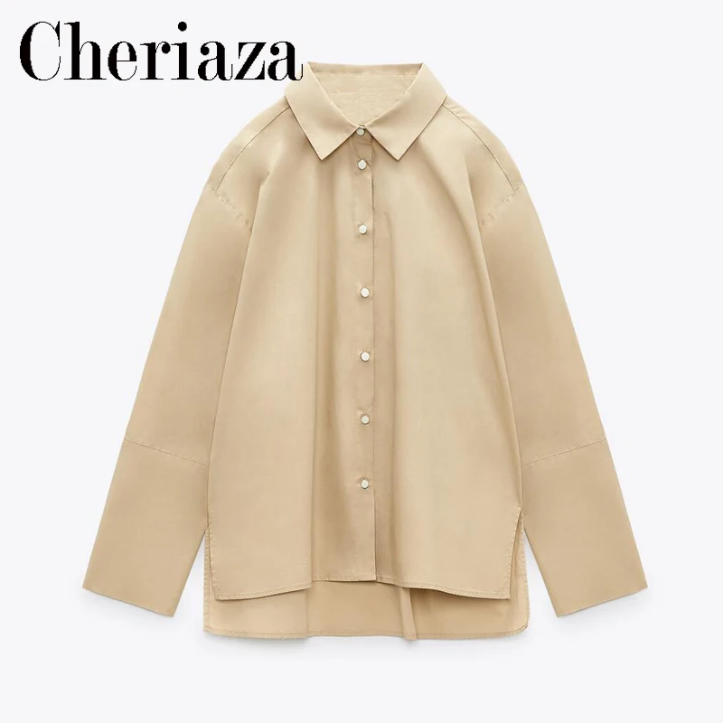 

Summer Woman 2022 Poplin Shirt Casual Solid Color tops Long Sleeves Asymmetric Hem Chic Office Lady Vintage Button Blouse Female