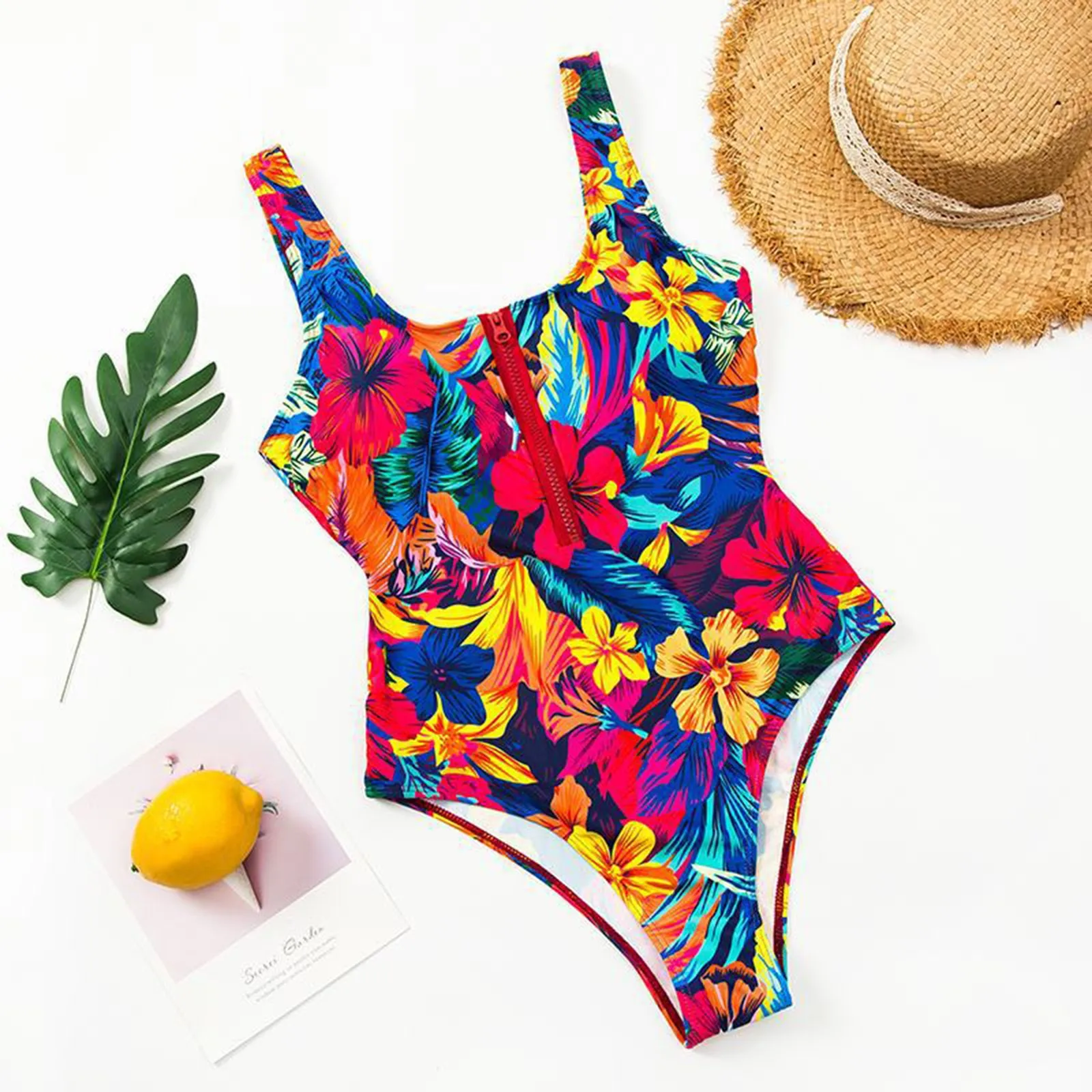 Women Sexy Floral Zipper Swimsuit Sport Athletic Training Tummy Control High Waist Tankini Swimwear | One-Piece Suits