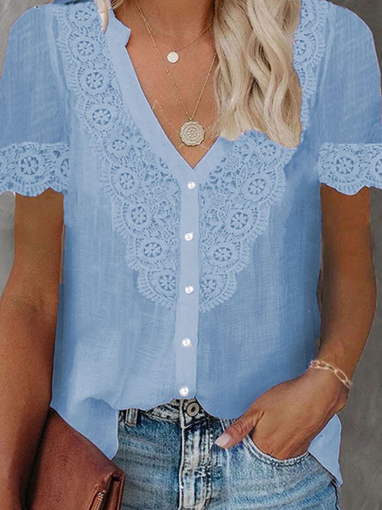 

Casual Solid Embroidered Women Top Summer Short-sleeve V-neck Simple Pullover T-shirts Lady Fashion Loose Office All-match Tops