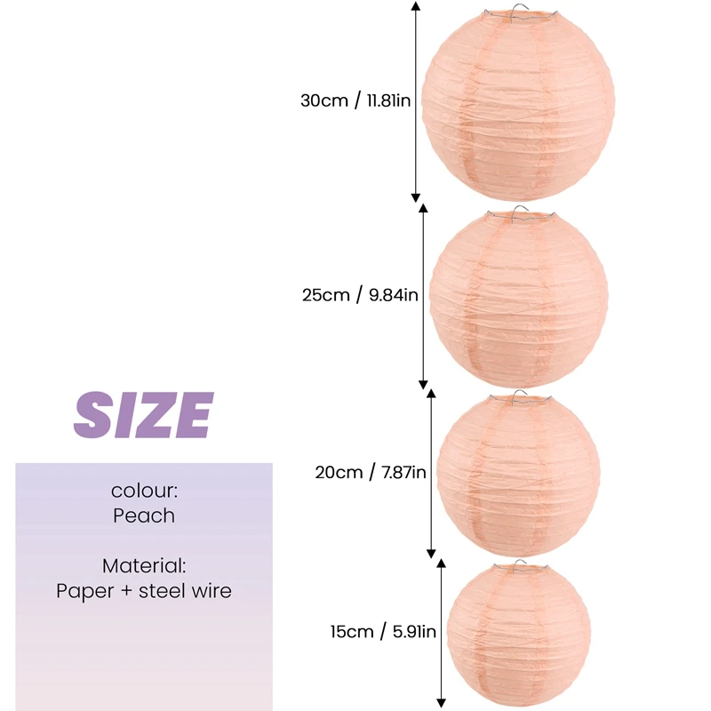 20 Pcs 6 Inch-12 Inch Peach Paper Lantern Chinese Assorted Sizes Round Lampion For Wedding Party Outdoor Indoor Hanging Decor