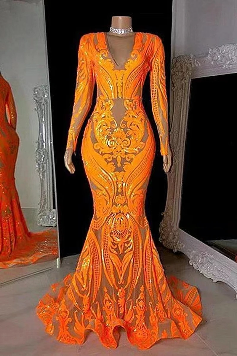 

Блестящие Оранжевые платья для выпускного вечера с подолом русалки с длинными рукавами с блестками и V-образным вырезом, черное блестящее платье для особых случаев в африканском стиле
